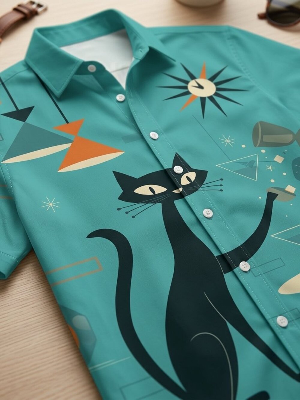 Midnight Cat Art Resort Shirt • Retro Teal Print • Unisex Casual Button‑Up - Picture 5 of 5